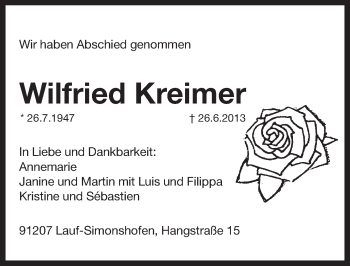 Traueranzeige von Wilfried Kreimer von Pegnitz-Zeitung